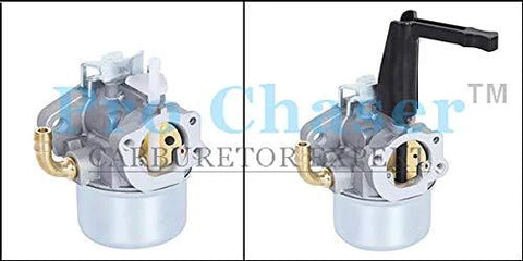 Carburetor front and side views with brass fuel inlet fittings and throttle lever for garden tiller.