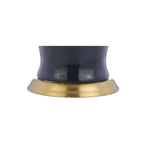 Close-up of brushed brass base of Navy Ceramic Urn LED Table Lamp, 29 Inch, Traditional Classic Style, White Linen Drum Shade