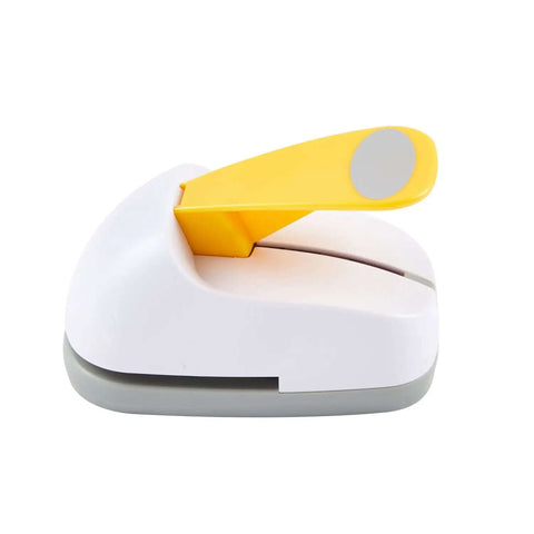 Side view of 2 Inch Oval Lever Paper Punch for crafting, featuring a yellow spring lever and compact design for card making and decor.