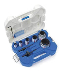 Front view of Lenox bi-metal hole saw kit, 13-piece in blue case with hole saws and arbors