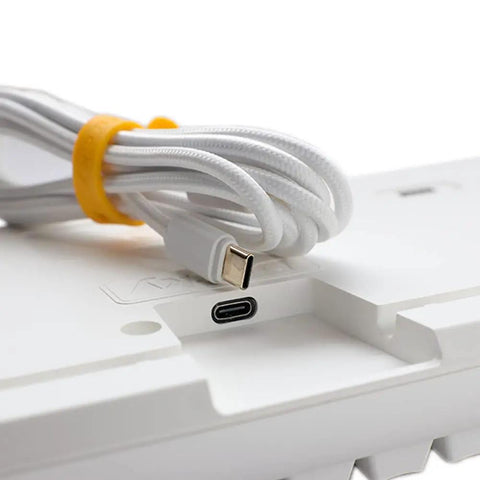 Classic Tenkeyless Mechanical Keyboard In Crisp Pure White Featuring Hot Swappable Switches With Custom Rgb Lighting USB-C connection and white braided cable.