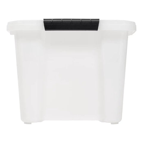Hella Sturdy Stackable Storage Bins With Durable Plastic Build secure snap lids and ergonomic handles in white, ideal for home organization.