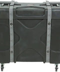 Badass Roto Molded Drum Hardware Case With Top Loading Access And Fold Down Cymbal Vault For Six Cymbals With Heavy Duty Straps side view with sturdy straps and wheels.
