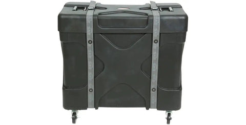 Badass Roto Molded Drum Hardware Case With Top Loading Access And Fold Down Cymbal Vault For Six Cymbals With Heavy Duty Straps side view with sturdy straps and wheels.