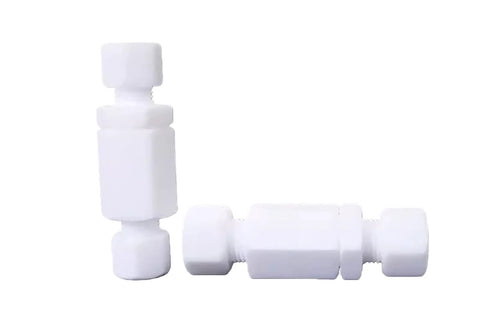 No Nonsense 10 Pack PTFE Teflon Check Valves 1/8 Inch To 1/8 Inch, durable white polymer, one way flow control for fluid systems.