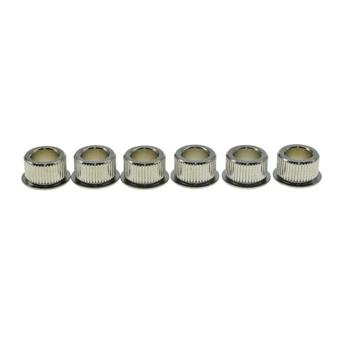 Six knurled nickel-plated brass guitar tuner conversion bushings with black bases