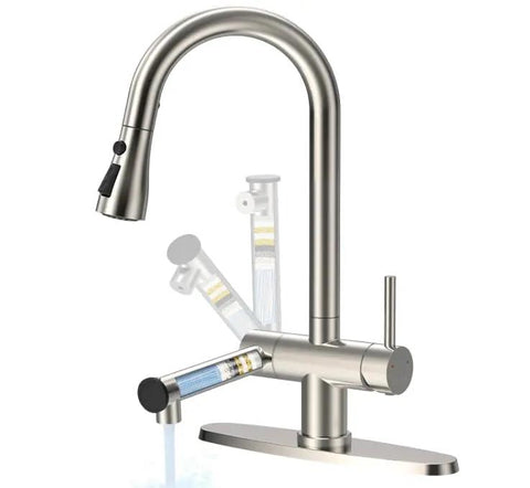 Premium Brushed Nickel Pull Down Kitchen Faucet With Built In Water Filter And Activated Carbon Ultrafiltration Spray Head close-up view