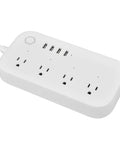 Smart Power Strip Featuring Voice Control And Four Usb Ports Tuya App Integration close-up view showing multiple sockets and USB ports.