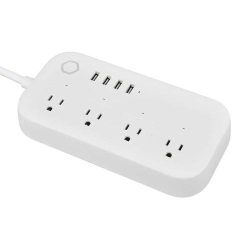 Smart Power Strip Featuring Voice Control And Four Usb Ports Tuya App Integration close-up view showing multiple sockets and USB ports.