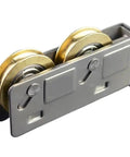Rock Solid No Fuss Sliding Cabinet Door Rollers Four Piece Stainless Steel Cup Pulley Fittings with dual gold pulleys for smooth operation.