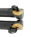 Two 5/8'' x 7'' indexable boring bars with gold carbide inserts and screws, shown from front and side.