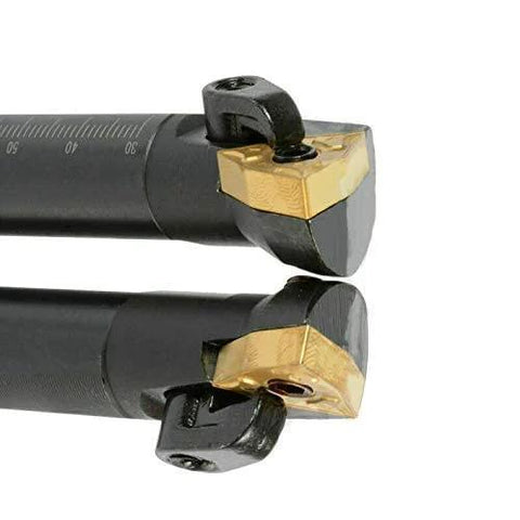 Two 5/8'' x 7'' indexable boring bars with gold carbide inserts and screws, shown from front and side.
