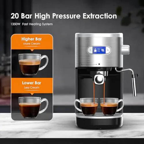 20 Bar Commercial Espresso Machine With Milk Frother And Steam Wand showing dual coffee shot extraction and pressure comparison chart