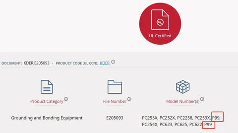 UL Certified document for Grounding and Bonding Equipment showing model numbers P99, PC25X, PC253X.