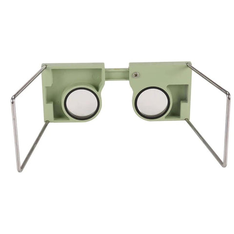 Wearable 4X Pocket Stereoscope With Adjustable 55-75 Mm Lens Distance, front view, green plastic body with metal arms