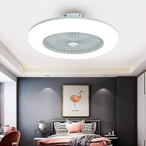 Slick Modern Ceiling Fan And Dimmable Led Light With Remote Control Boasts Three Speeds Smart Timer in stylish bedroom setting.