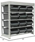 Boltless Steel Storage Rack With 12 Plastic Bins In Four Tiers, 33W x 15D x 36H, particle board tabletop, for garage or workshop organization.