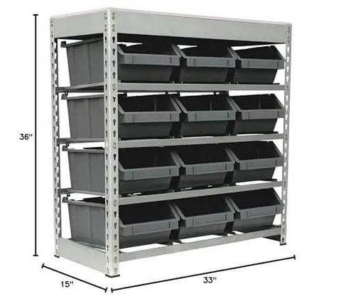 Boltless Steel Storage Rack With 12 Plastic Bins In Four Tiers, 33W x 15D x 36H, particle board tabletop, for garage or workshop organization.