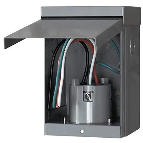 Heavy Duty 50 Amp Generator Power Inlet Box Ready To Roll Nema Type 3r Rainproof Outdoor Electrical Outlet with spring cover open.