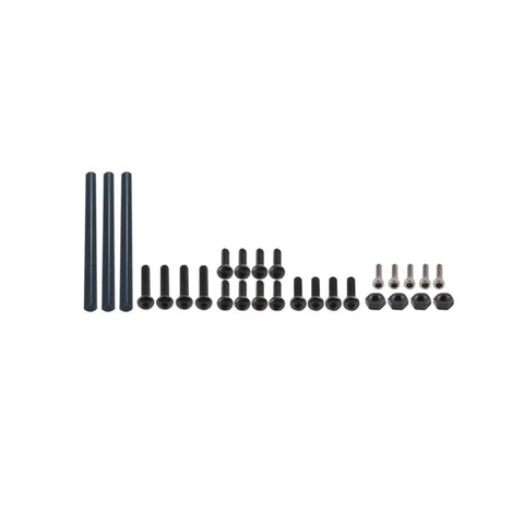 Components of the Carbon Fiber RC Car Chassis Frame for TRX4M 1 by 18 Scale Upgrade Kit in black aluminum alloy.