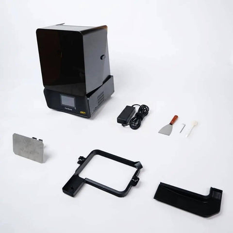 Beast Mode Resin 3D Printer with amber screen, accessories, and power cable shown. Ultra-fast 4.5s layer time and 2μm precision.