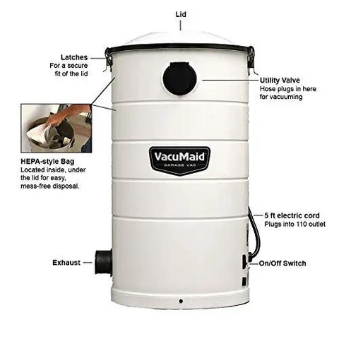 Wall Mounted Garage Vacuum With 50 Ft Hose And Tools Heavy Duty 7 Gallon Steel Can Corrosion Resistant Finish, labeled features
