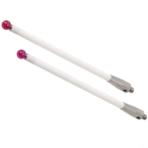 Two white ceramic stylus probes with pink ball tips and metal connector ends, 100mm length.