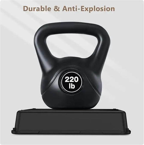 Black 220 lb kettlebell with handle, displayed on a rectangular platform, features durable construction anti-explosion design.