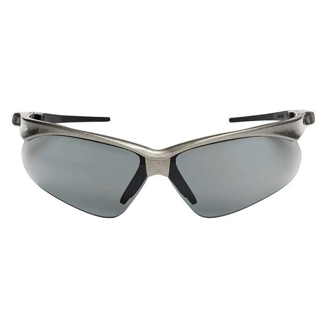 Heavy Duty Safety Glasses With Hard Coated Anti Scratch Polarized Lenses For Crisp Vision And Slip On Fit Ansi Z87 Certified Eye Protection That Handles The Daily Grind Pack Of 12 For Work Sites in smoke lens style front view.