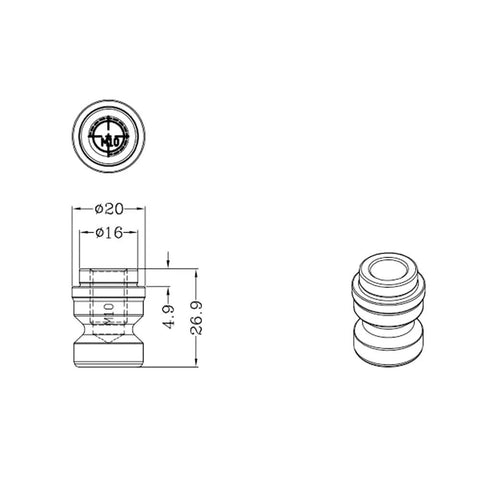 Zero Point Plate Quick Clamp System 180mm Diameter For Heavy Duty CNC And Mold Making, 96x96 Hole Grid D96-C, Accurate Repeatability 0.005mm And 0.01mm At 45 And 90 Degree Rotations, Perfect For Big Machining Jobs; technical drawing of M10 clamp insert, Ø20/Ø16, 26.9mm