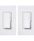 Easy Install Dimmer Switch For LED Halogen And Incandescent Lights 150W Single Pole Or 3 Way No Neutral Required Flicker Free Dimming 2 Pack Includes White Wall Plate For A Seamless Modern Look showing two white switches