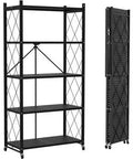 Rock Solid Metal Shelving Unit With Wheels Five Tier Folding Storage Rack Built Tough For Garage Or Shop Rust Proof Steel Frame Lockable Casters 90 Lbs Capacity Per Shelf Heavy Duty Utility Hauler - black five-tier rack with wheels and folding design.