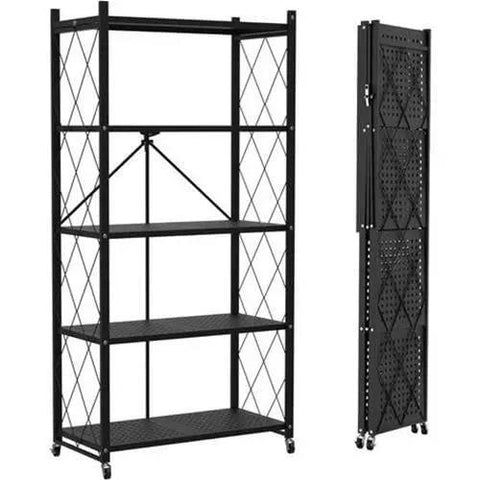Rock Solid Metal Shelving Unit With Wheels Five Tier Folding Storage Rack Built Tough For Garage Or Shop Rust Proof Steel Frame Lockable Casters 90 Lbs Capacity Per Shelf Heavy Duty Utility Hauler - black five-tier rack with wheels and folding design.