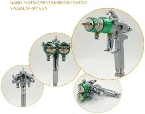 Heavy Duty Shop Workhorse Dual Head Pneumatic Spray Gun With 1.3 Mm Nozzles Pressure Feed Air Paint Tool For Seamless Woodworking Staining And Furniture Finishing Projects, showing detailed angles and nozzles.
