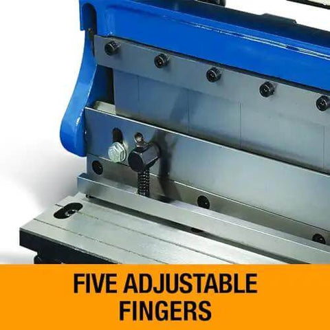 Close-up of 12 Inch Shear Brake Roll for 20 gauge mild steel showing adjustable top beam fingers and grooves.