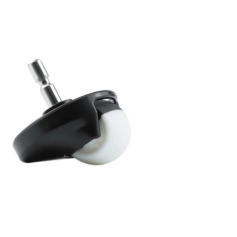 Side view of Roomba front wheel caster assembly with black housing and white wheel, metal mounting stem.