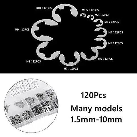 120Pcs 10 Size 304 Stainless Steel E Clip Assortment Kit With External Retaining Snap Rings Circlips For 1.5 To 10 Mm In Durable Plastic Storage Box Pro Grade Shop Must Have