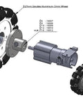 Exploded view of a 5-inch omnidirectional mecanum wheel with aluminum hub, showcasing assembly components for robots and DIY projects.