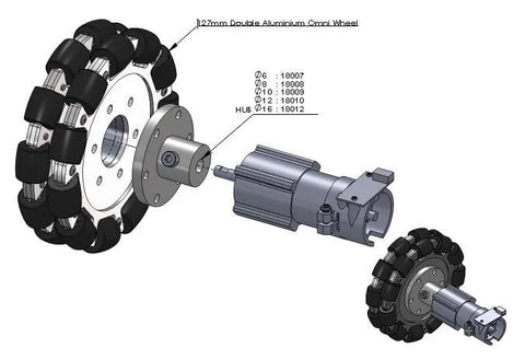 Exploded view of a 5-inch omnidirectional mecanum wheel with aluminum hub, showcasing assembly components for robots and DIY projects.