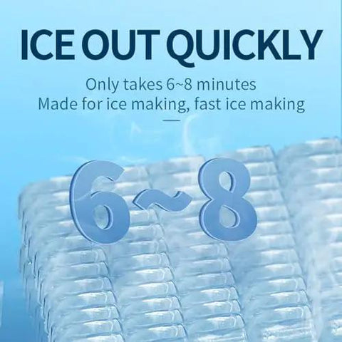 Countertop Ice Maker With Slick Remote Control And Hassle Free Self Cleaning Yields Fast Spherical Cubes In A Snap shows ice making time of 6-8 minutes.