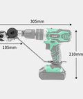 Beefy Titanium Coated Drill Nibbler Attachment For Sheet Metal Cutting Tool attached to drill, shown with dimensions.