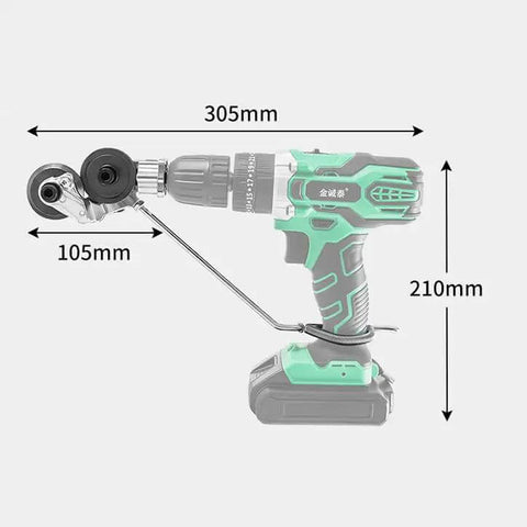Beefy Titanium Coated Drill Nibbler Attachment For Sheet Metal Cutting Tool attached to drill, shown with dimensions.