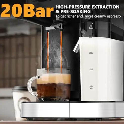 Barista-Grade 3-In-1 20 Bar Espresso Machine For Home Use With Dual Boiler And Automatic Milk Frother, brewing espresso into a mug