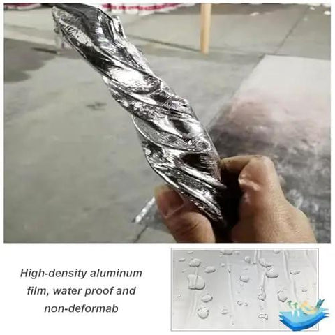 Straight Up Heavy Duty Self Adhesive Waterproof Bitumen Sealant Tape For Roof And Pipe Leak Fix With Top Shelf UV Shield Aluminum Foil Underlayment Roll That Stays Locked Down In Any Weather, showing a twisted aluminum roll.