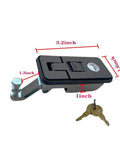 Front view of 2-pack compression cabinet latch with keys, black plastic housing and metal mounting bracket for RV/camper doors