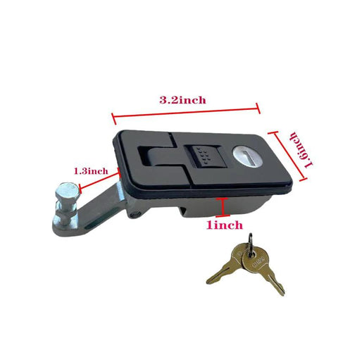 Front view of 2-pack compression cabinet latch with keys, black plastic housing and metal mounting bracket for RV/camper doors