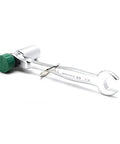 Scaffold Ratchet Half Inch Drive With Thirty Tooth Mechanism Ten And A Half Inch Length Three And A Quarter Inch Swing Arc Soft Face Hammer Head Chrome Finish Made In USA Built For Pros On The Job showing chrome wrench and green hammer head.