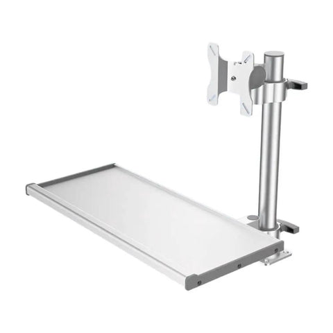 Rock Solid Industrial Aluminum Monitor Arm And Keyboard Mount Heavy Duty Workstation Base side view with keyboard tray attached.