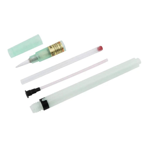 Disassembled 5 Piece Empty Flux Pen Set With Soft Brush Tip For PCB Soldering, showing refillable components and see-through body.