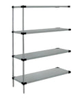 Heavy Duty Stainless Steel Shelving Expansion Kit Featuring Solid Modular Shelf Panels with four shelves and black corner supports.